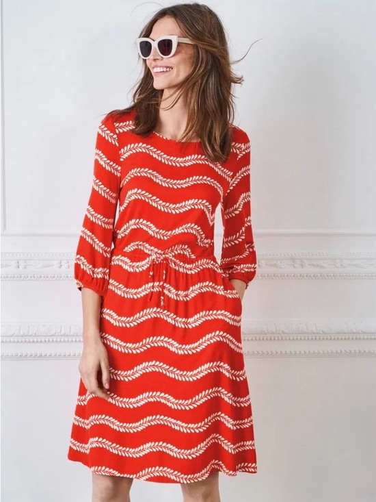 Boden Dresses & Skirts - oden Talia Jersey Dress Red White Long Sleeve Cinch Tie Waist Classic 4 Long